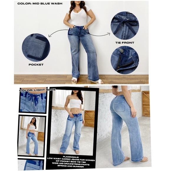 Low Rise Cargo Pants for Women Flap Pocket Y2K Wide Leg Drawstring Cargo Jeans - Picture 4 of 17